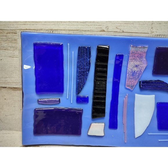 SIGNED Lorraine Art Fused Glass Shimmer Abstract Mosaic Cobalt Wave Trinket Dish - Picture 3 of 14